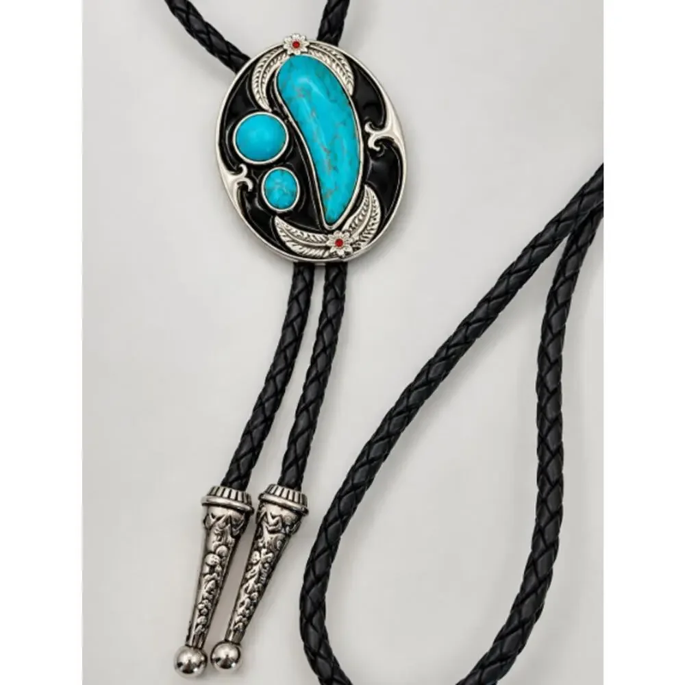 Western Bolo Tie Silver Tone Pendant Faux Turquoise Color Stones & Black Cord